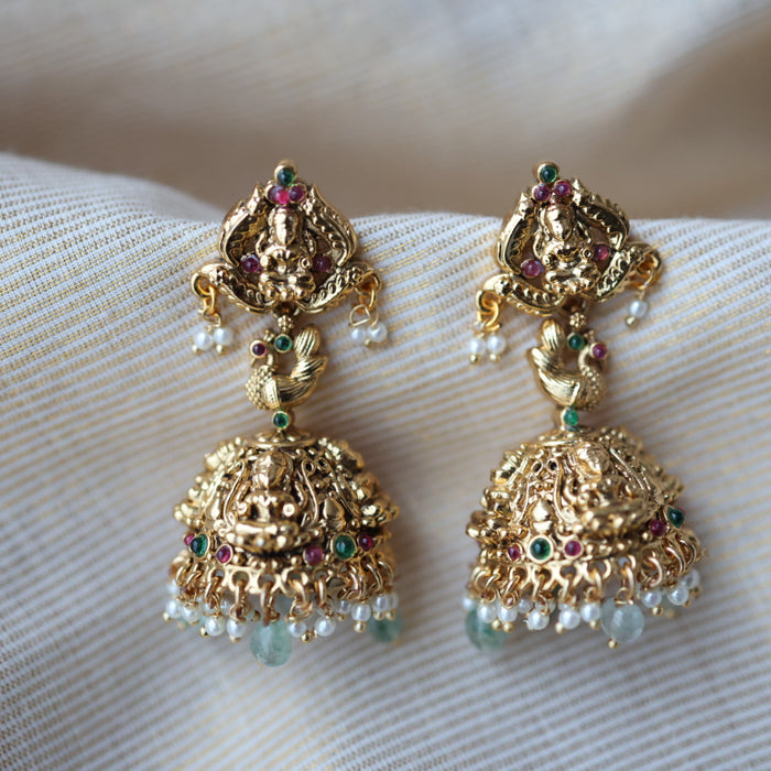 Antique gold green bead jumka earrings AJ231