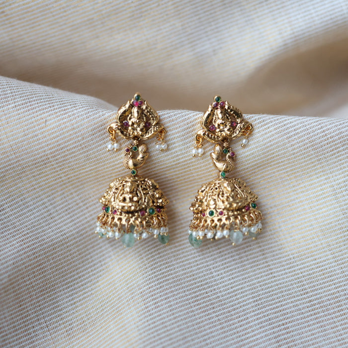 Antique gold green bead jumka earrings AJ231