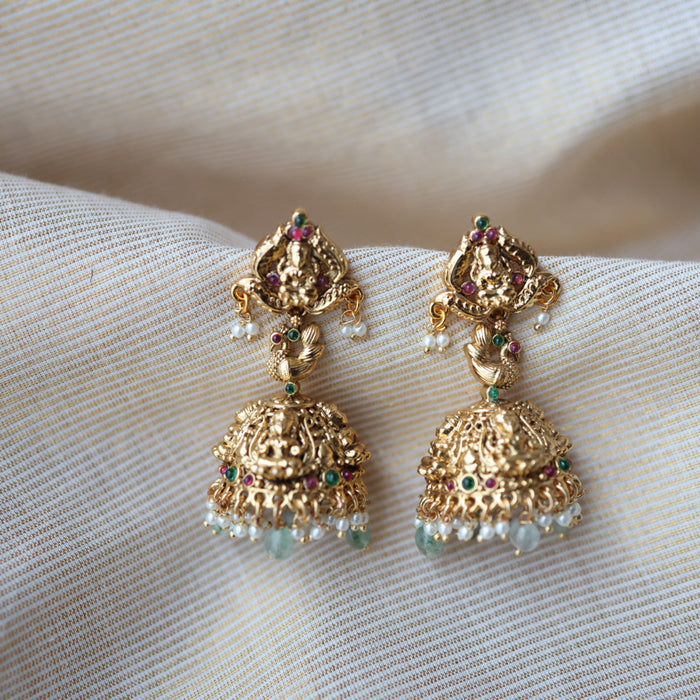 Antique gold green bead jumka earrings AJ231