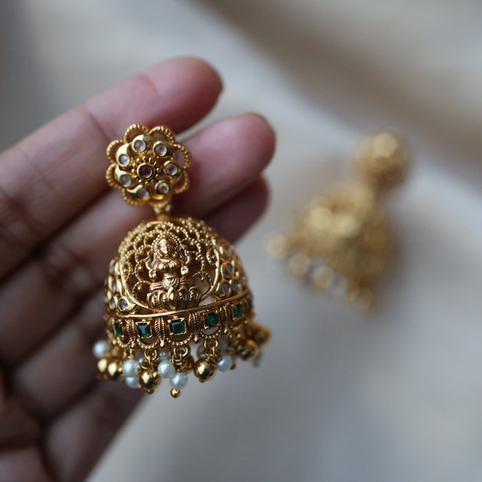 Antique gold green stone jumka earrings AJ2312