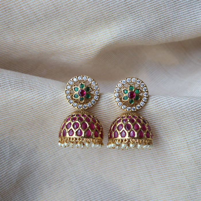 Antique gold ruby green stone jumka earrings AJ298