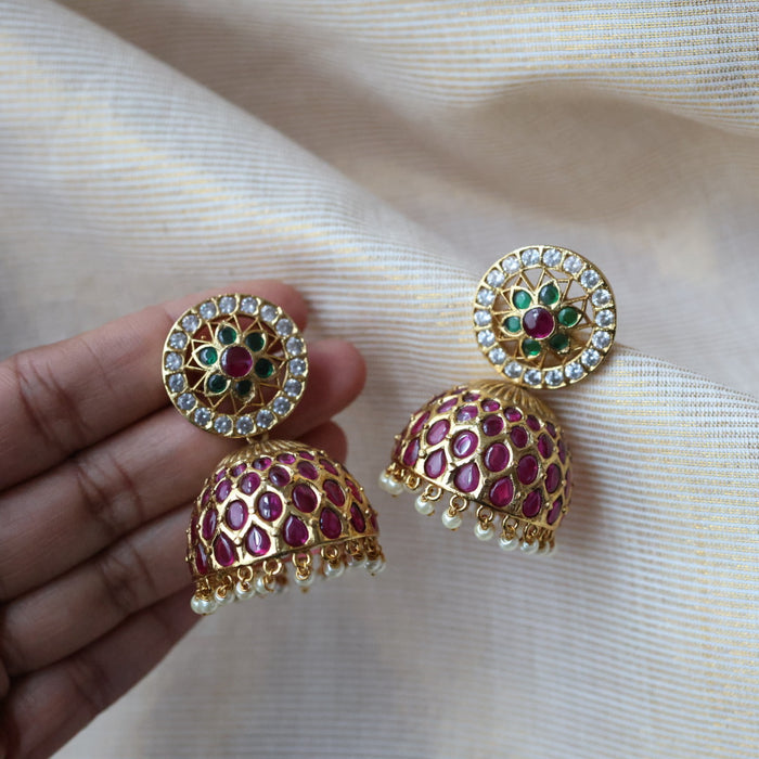 Antique gold ruby green stone jumka earrings AJ298
