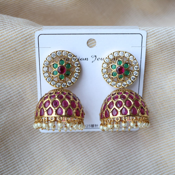 Antique gold ruby green stone jumka earrings AJ298