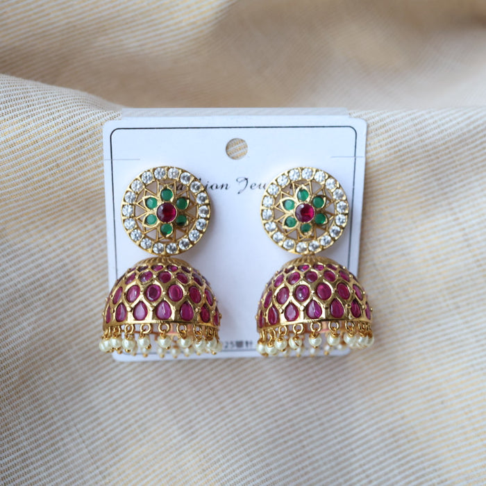 Antique gold ruby green stone jumka earrings AJ298