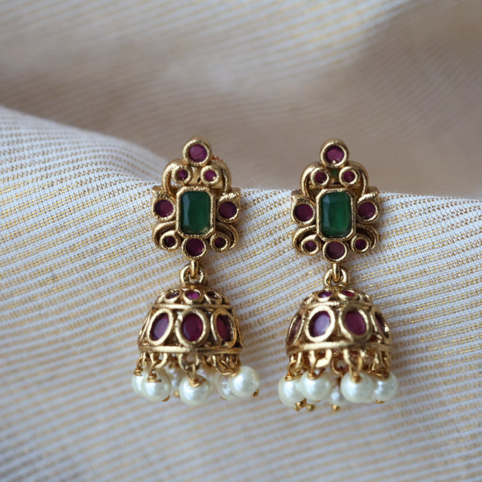 Antique gold ruby green stone jumka earrings AJ241