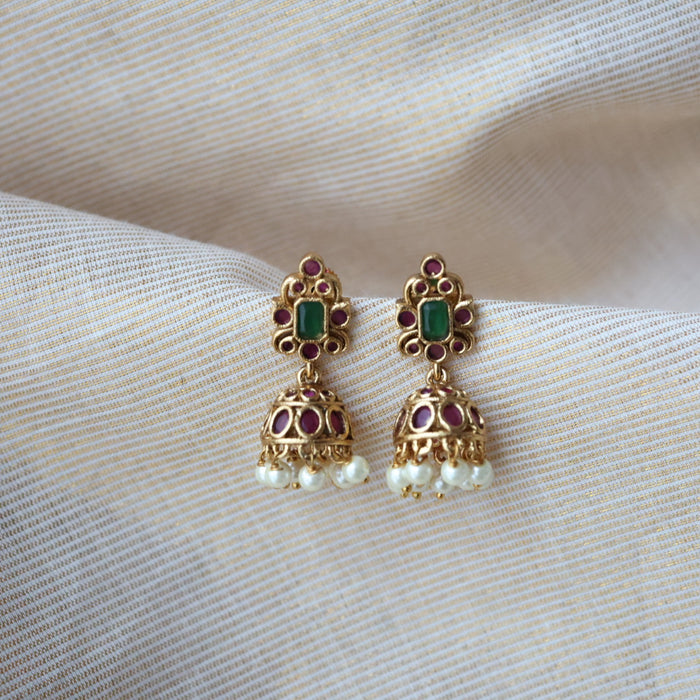 Antique gold ruby green stone jumka earrings AJ241
