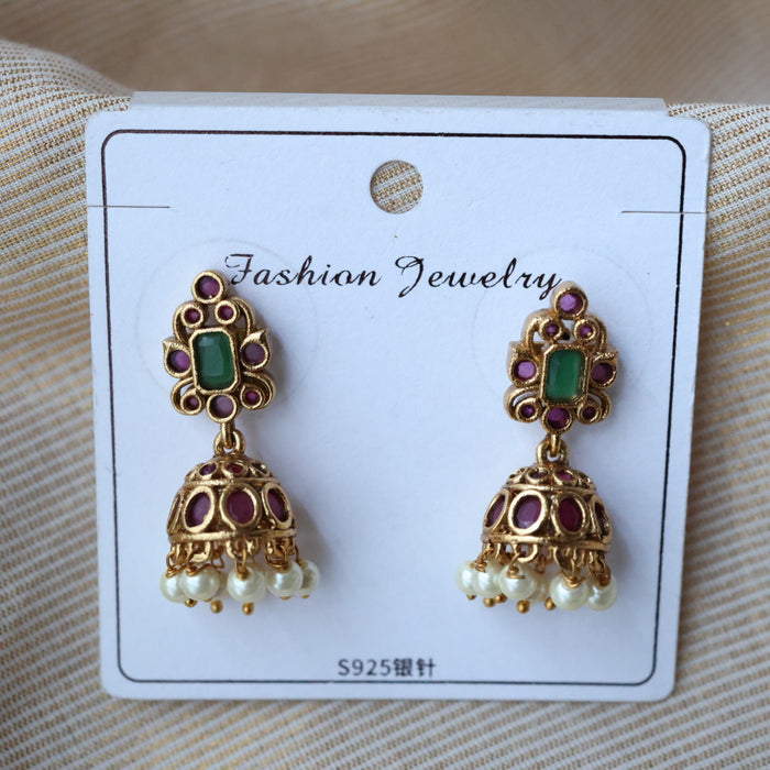 Antique gold ruby green stone jumka earrings AJ241