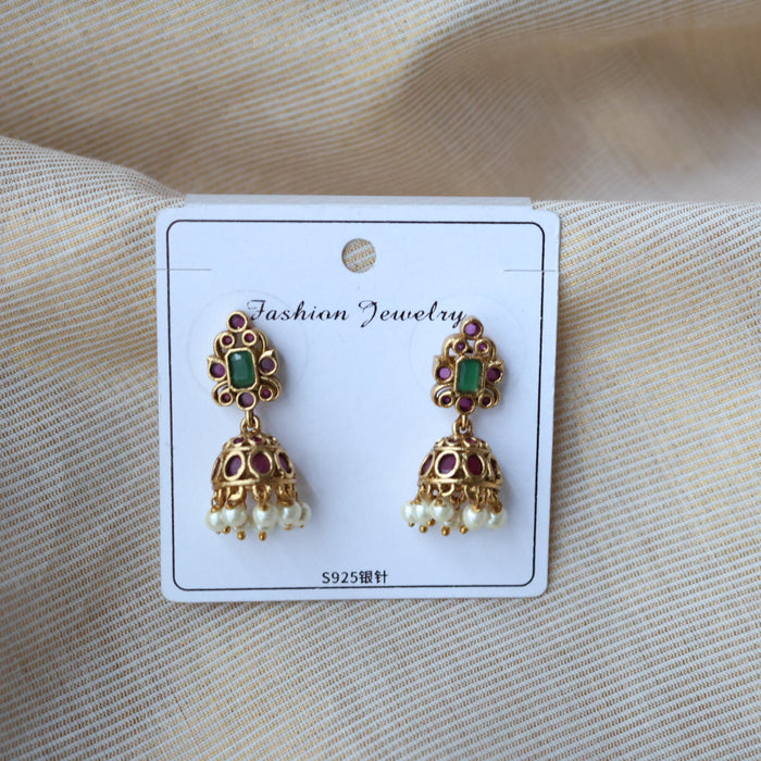 Antique gold ruby green stone jumka earrings AJ241