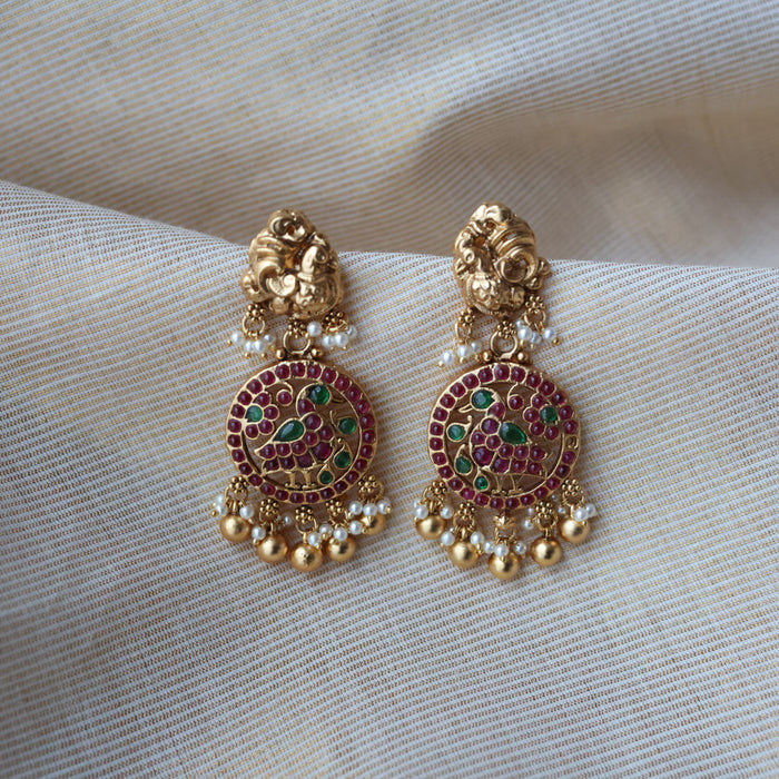 Antique gold ruby green stone drop earrings AD235