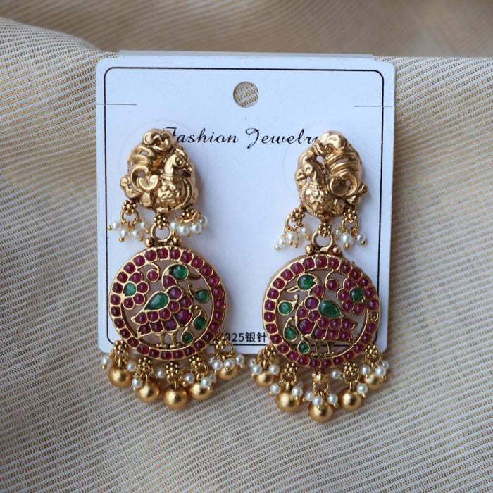 Antique gold ruby green stone drop earrings AD235