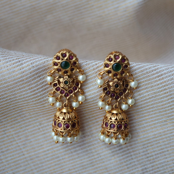 Antique gold ruby green stone jumka earrings AJ235
