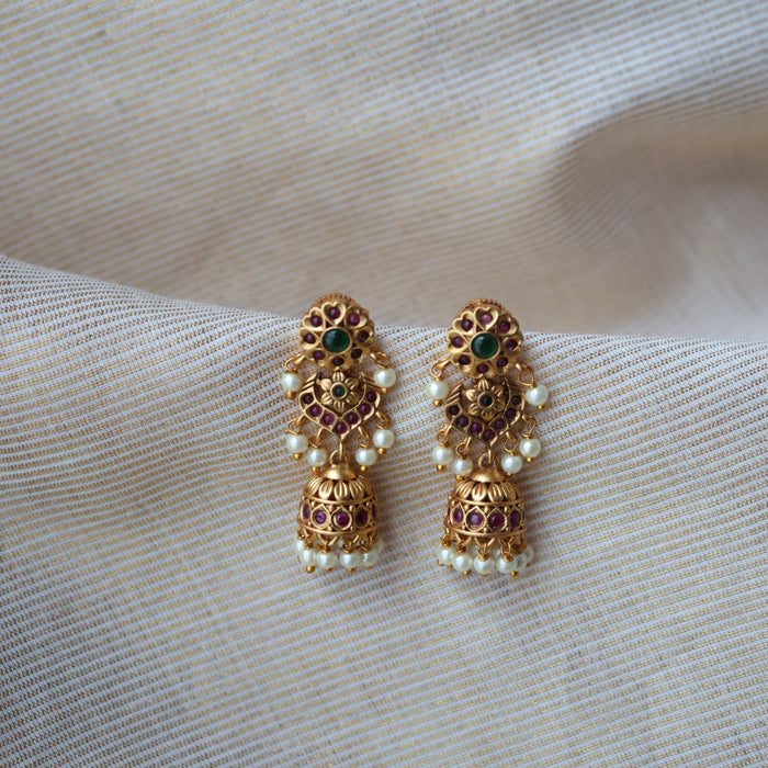 Antique gold ruby green stone jumka earrings AJ235