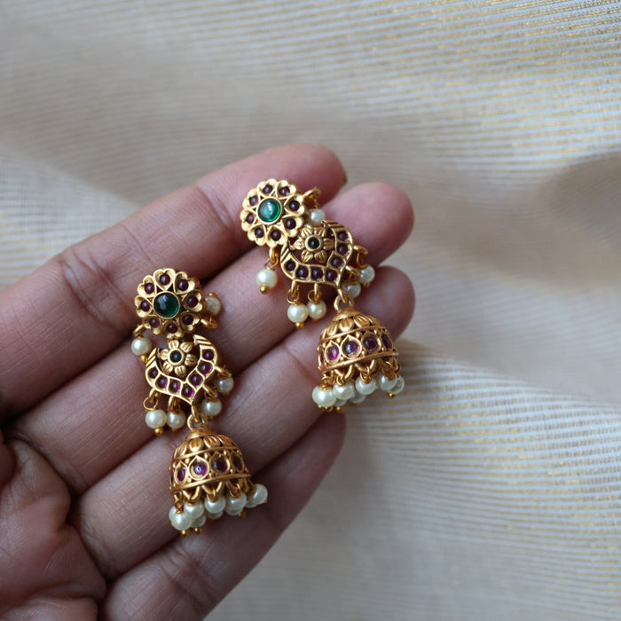 Antique gold ruby green stone jumka earrings AJ235