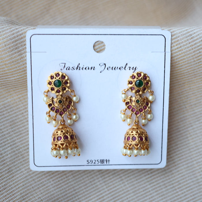 Antique gold ruby green stone jumka earrings AJ235