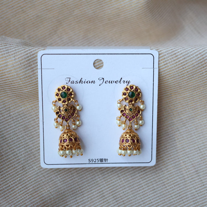 Antique gold ruby green stone jumka earrings AJ235