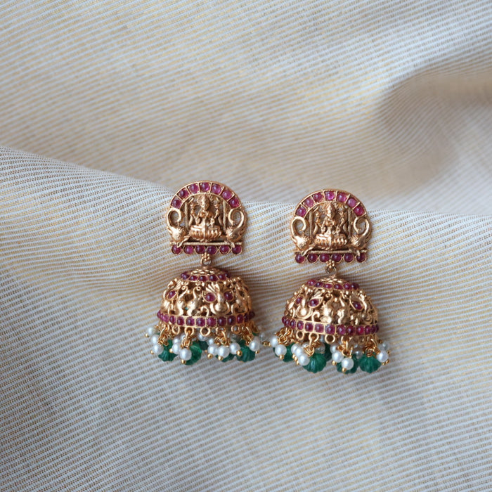 Antique gold ruby green stone jumka earrings AJ2388