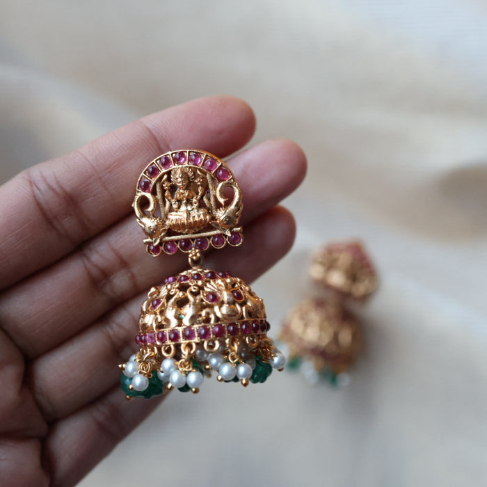 Antique gold ruby green stone jumka earrings AJ2388