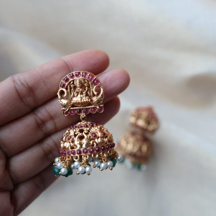 Antique gold ruby green stone jumka earrings AJ2388