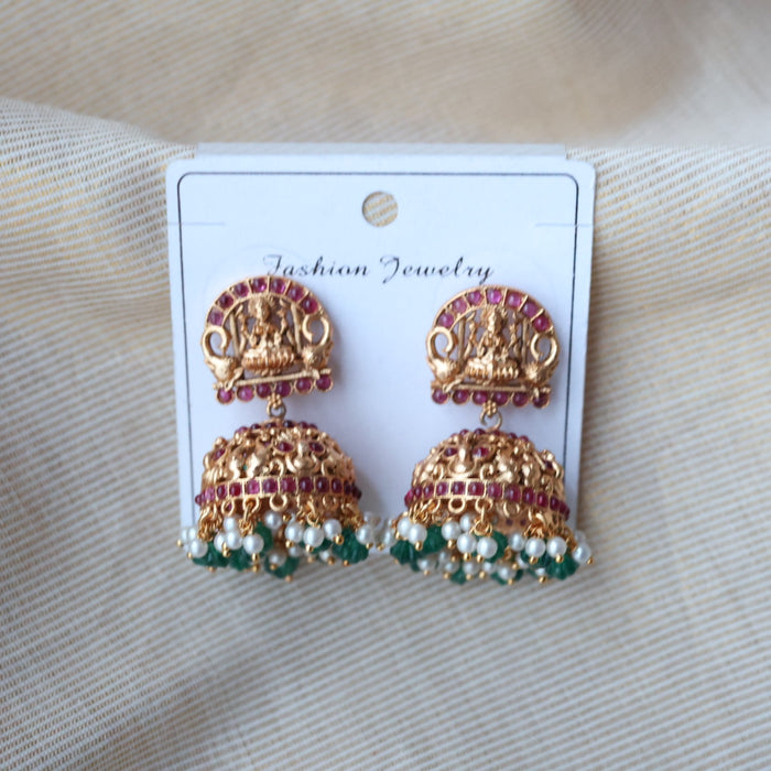 Antique gold ruby green stone jumka earrings AJ2388