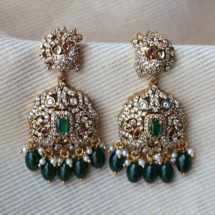 Antique gold white stone green beads drop earrings AD1988