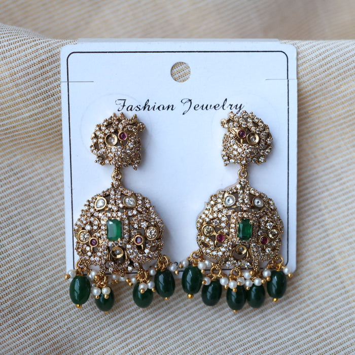 Antique gold white stone green beads drop earrings AD1988