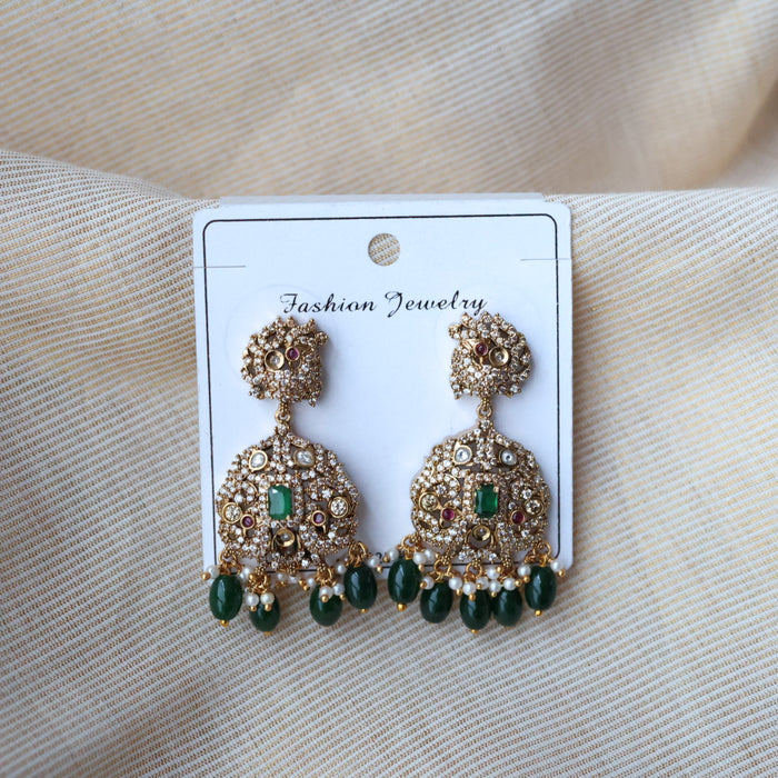 Antique gold white stone green beads drop earrings AD1988