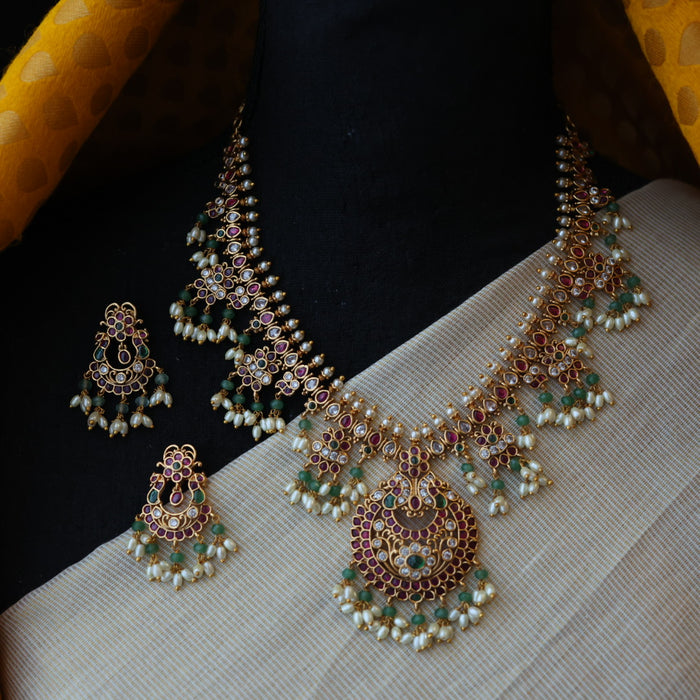 Antique ruby green pearl short necklace and earrings RUB1799