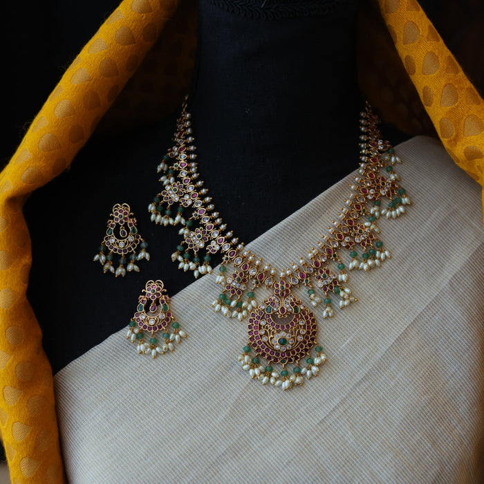 Antique ruby green pearl short necklace and earrings RUB1799