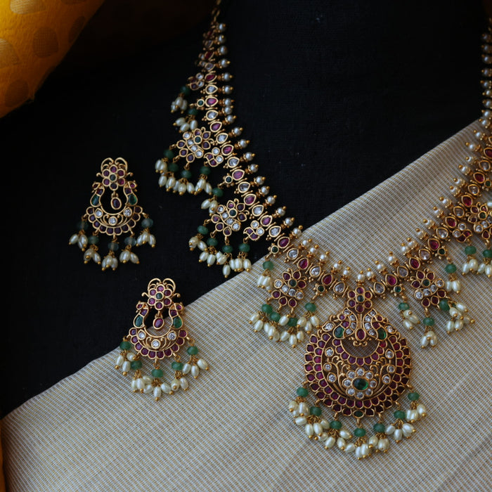 Antique ruby green pearl short necklace and earrings RUB1799