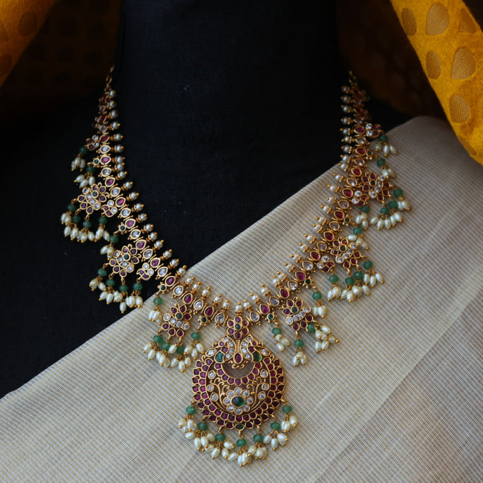 Antique ruby green pearl short necklace and earrings RUB1799