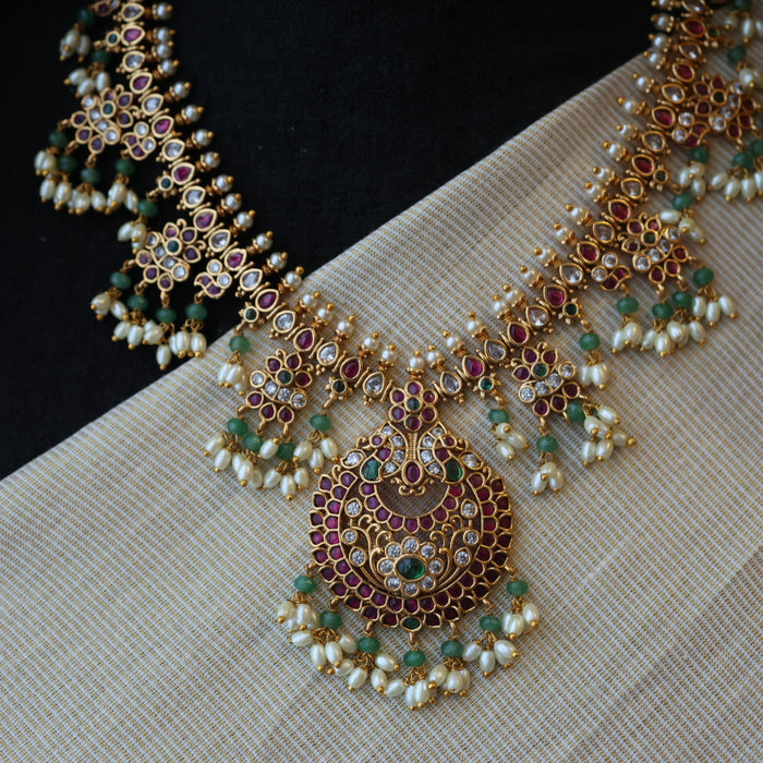 Antique ruby green pearl short necklace and earrings RUB1799