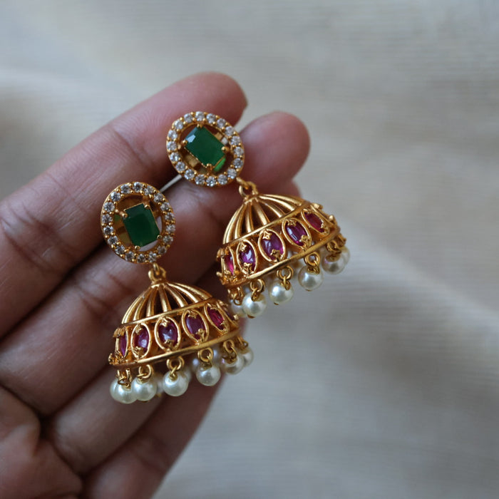 Antique ruby green stone jumka earrings AJ206