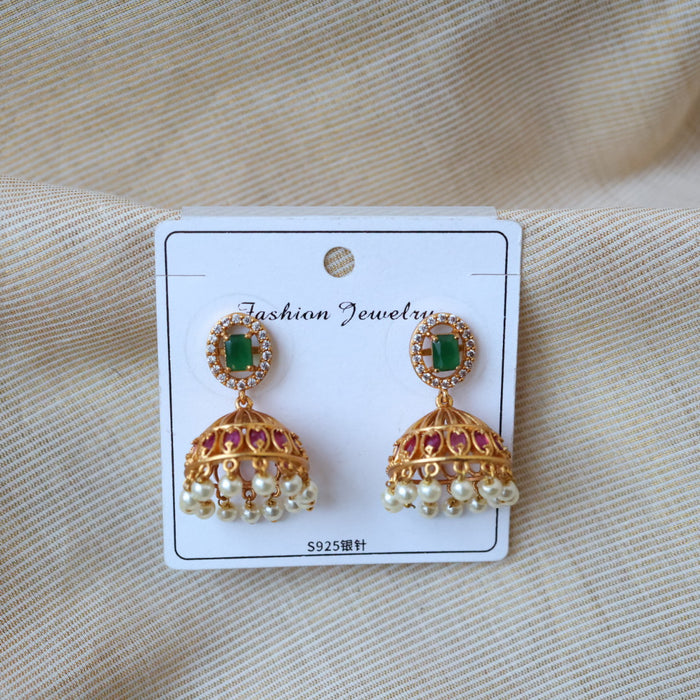 Antique ruby green stone jumka earrings AJ206