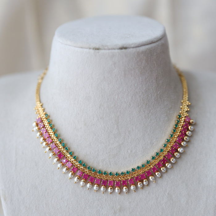 Heritage gold plated ruby green stone short necklace H622