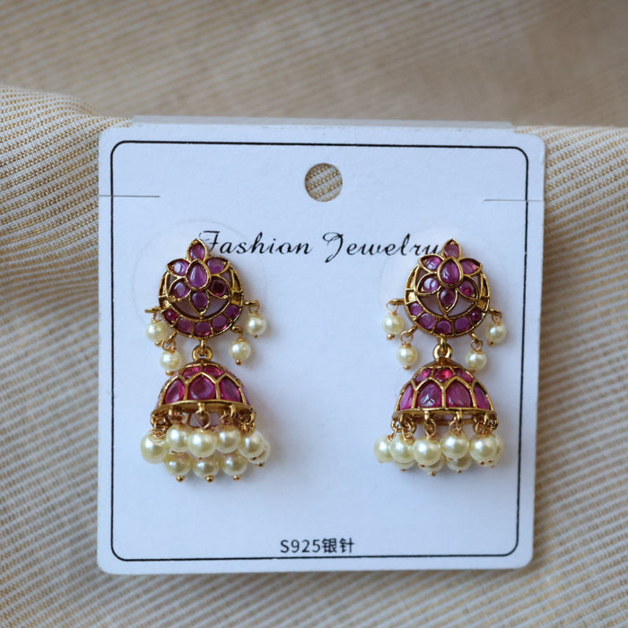 Antique ruby stone and pearls jumka earrings AJ0022