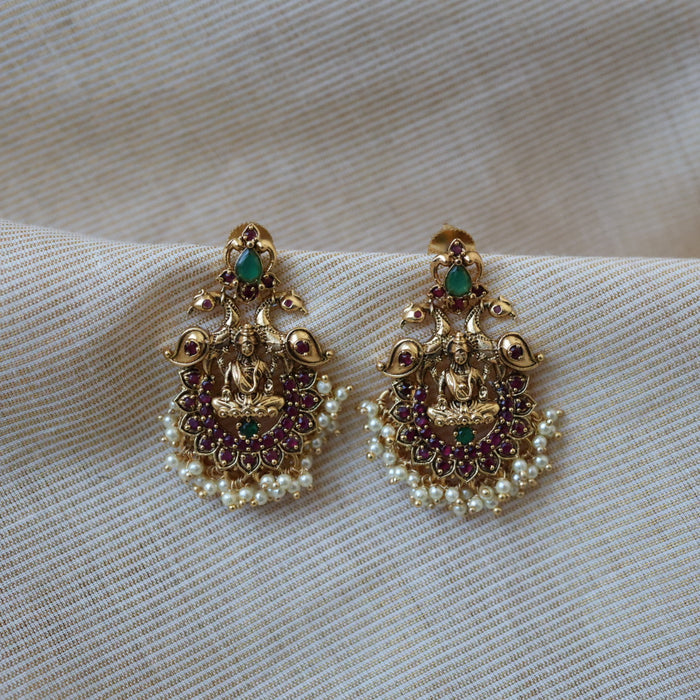 Antique ruby stone and pearls drop earrings AD0020