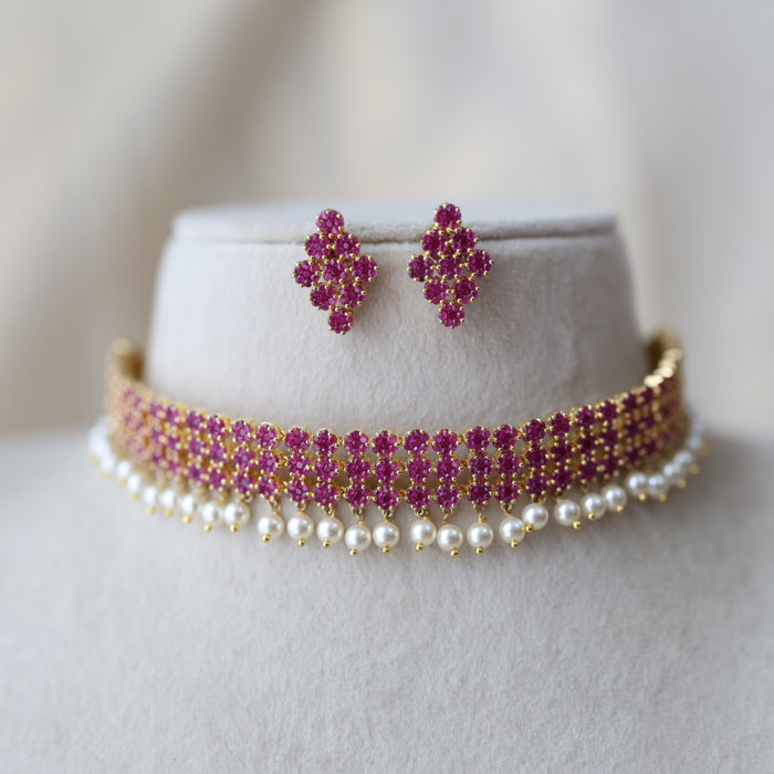 Heritage gold plated ruby stone choker necklace with earrings H5178