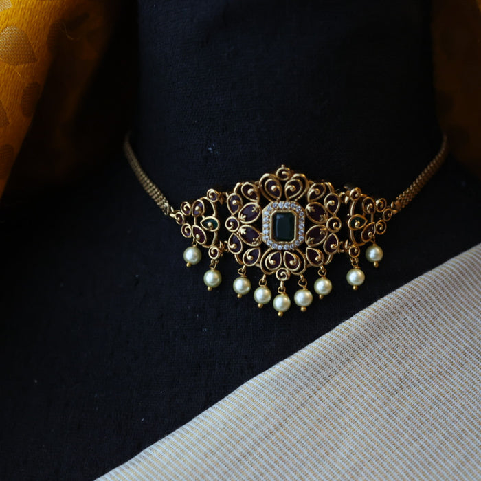Antique ruby stone choker necklace and earrings CCB10981