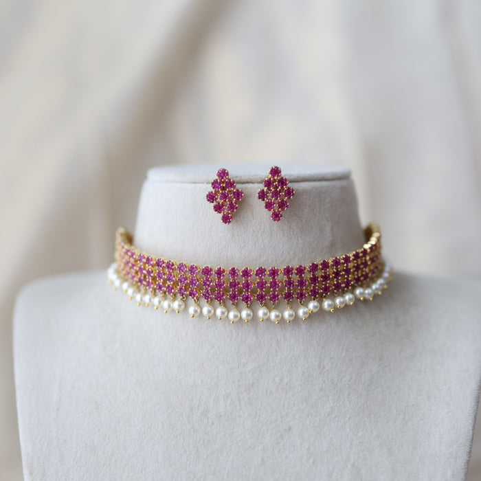 Heritage gold plated ruby stone choker necklace with earrings H5178