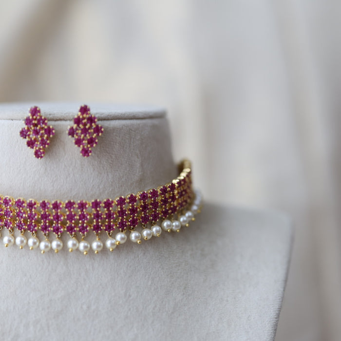 Heritage gold plated ruby stone choker necklace with earrings H5178