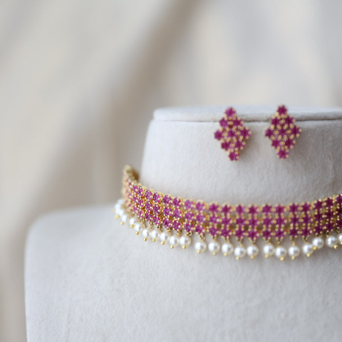 Heritage gold plated ruby stone choker necklace with earrings H5178