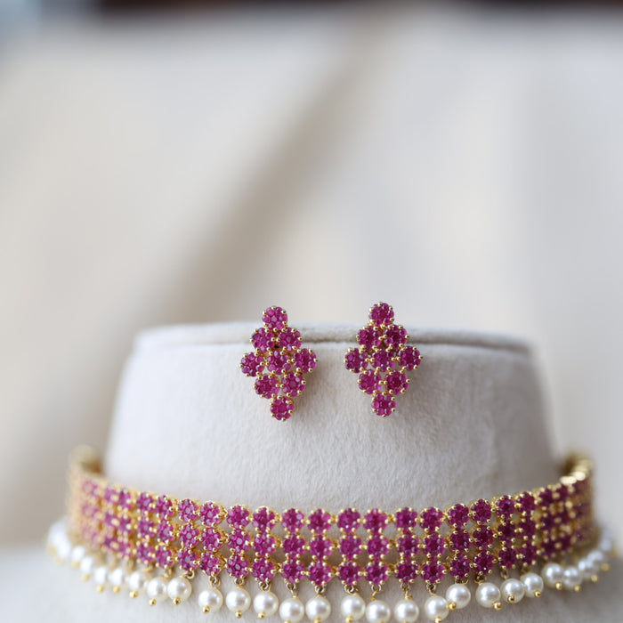 Heritage gold plated ruby stone choker necklace with earrings H5178
