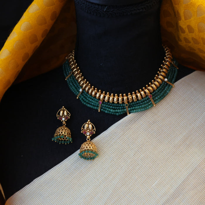 Antique green bead choker necklace and earrings CCB20985