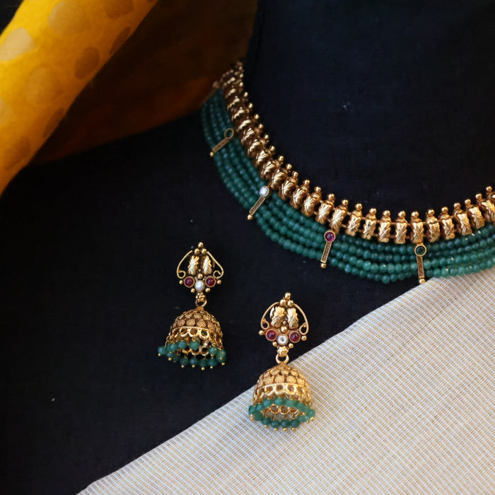 Antique green bead choker necklace and earrings CCB20985