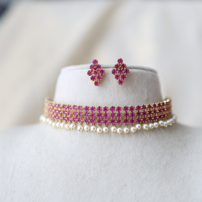 Heritage gold plated ruby stone choker necklace with earrings H5178