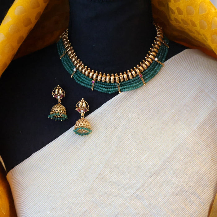 Antique green bead choker necklace and earrings CCB20985