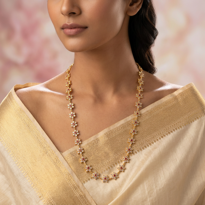 Heritage gold plated ruby white stone long necklace HL3743