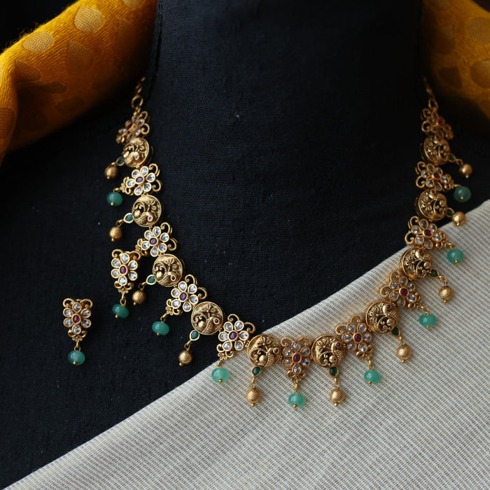 Antique green bead short necklace with earrings TTS4626