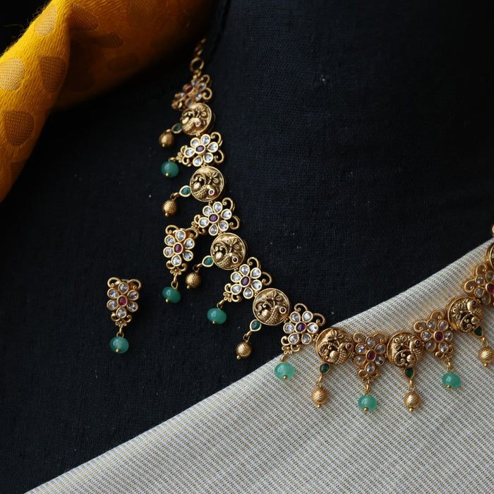 Antique green bead short necklace with earrings TTS4626