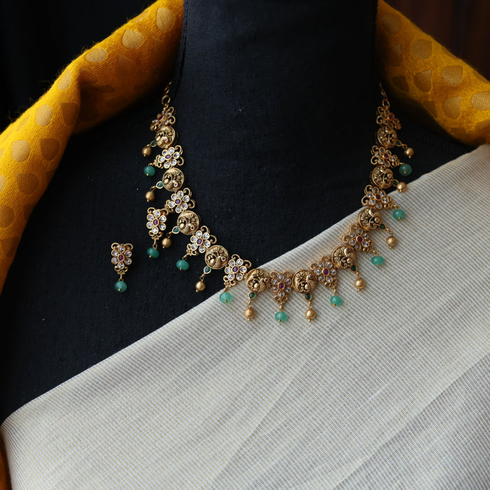 Antique green bead short necklace with earrings TTS4626